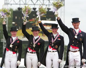 Emma Hindle, Maria Eilberg, Laura Bechtolsheimer and Carl Hester win team silver at the 2009 European Dressage Championships