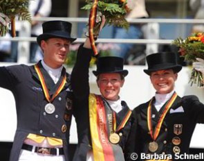 The podium at the 2012 German Championships: Matthias Alexander Rath (silver), Helen Langehanenberg (gold), Kristina Sprehe (bronze) :: Photo © Barbara Schnell