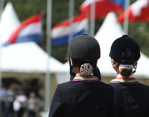 The medal podium at the 2012 European Pony Championships: Gold for Semmieke Rothenberger (GER), silver Sanne Vos (NED), bronze Rosalie Bos (NED) :: Photo © Astrid Appels