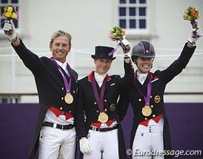 Carl Hester, Laura Bechtolsheimer and Charlotte Dujardin write history by winning Britain's first Olympic equestrian medal, dressage team gold :: Photo © Astrid Appels