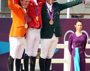 The individual show jumping podium at the 2012 Olympic Games: Gerco Schroder, Steve Guerdat, Cian O' Connor :: Photo © Astrid Appels