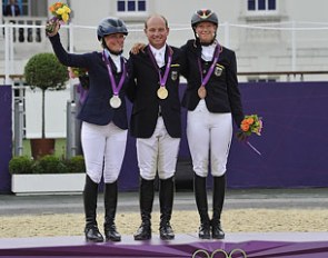 The 2012 Olympic Games individual eventing podium: Sara Algotsson Ostholt, Michael Jung, Sandra Auffarth :: Photo © Kit Houghton