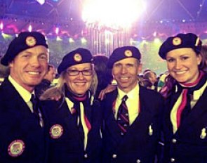The American Dressage team at the Olympic opening ceremony: Jan Ebeling, Tina Konyot, Steffen Peters, Adrienne Lyle