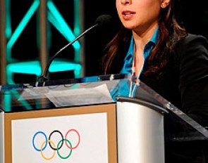 Dalma Rushdi Malhas, Saudi Arabia’s first female Olympian, addressing the fifth IOC Women and Sport conference in Los Angeles