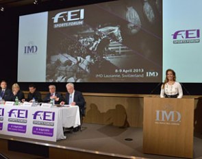 FEI President HRH Princess Haya addresses delegates at the 2013 FEI Sports Forum in Lausanne. Seated are Mikael Rentsch, Catrin Norinder, Christophe Dubi, Ingmar De Vos, and Richard Nicoll :: Photo © Edouard Curchod