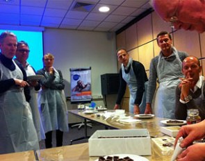 The Dutch A- and B-team members do some team building in a chocolate bon bon workshop :: Photo courtesy Imke Schellekens-Bartels