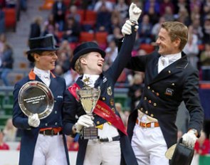 Having fun on the podium at the 2013 World Cup Dressage Final in Gothenburg, Sweden: runner-up Adellinde Cornelissen, new World Cup champion Helen Langehanenberg and Edward Gal who finished third :: Photo © Roland Thunholm