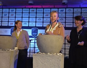 At the draw for order-of-go in the 2013 World Cup Final Grand Prix were competitors Tinne Vilhelmson-Silfven (SWE) and Marcela Krinke-Susmelj (SUI)  and Wiveka Lundh representing the Swedish Federation :: Photo © Kit Houghton