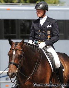 One day during dressage at Aachen a helmet awareness campaign was held. Some of Germany's top riders was wearing a helmet (for one day unfortunately). here: Matthias Rath on Sterntaler