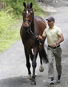 Steffen Peters and Legolas at the vet inspection on Friday 8 June 2012 :: Photo © Sue Stickle