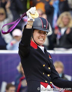 Charlotte Dujardin shows off her Olympic gold medal to the crowds :: Photo © Astrid Appels