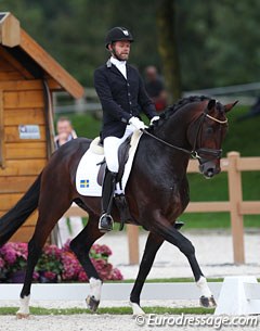Swedish Mattias Jansson on the Danish bred Gorklintgaards Quinto (by Quaterback x Sunny Boy). The horse has nice shoulder freedom in trot but lacked elasticity in the contact