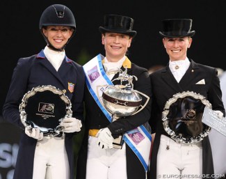 Laura Graves, Isabell Werth and Jessica von Bredow-Werndl on the podium at the 2018 World Cup Finals :: Photo © Astrid Appels