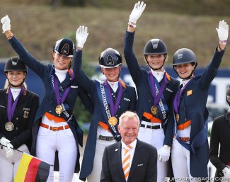 Team Holland with Daphne van Peperstraten, Milou Dees, Kimberly Pap and Thalia Rockx win team gold at the 2018 European Junior Riders Championships :: Photo © Astrid Appels