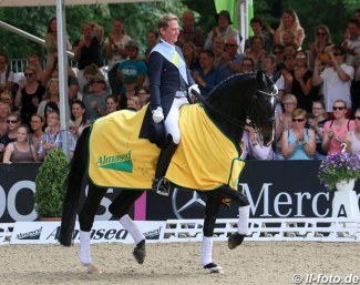 British Olympian Emile Faurie won the Hamburg Dressage Derby with horse change finals. Here he rides Bianca Kasselmann's Escada :: Photo © LL-foto