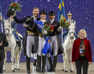 The top three in the freestyle at the 2018 CDI Stockholm - Kittel, Werth, Schneider - flanked by Swedish judge Annette Fransen-Iacobaeus :: Photo © Ronald Thunholm