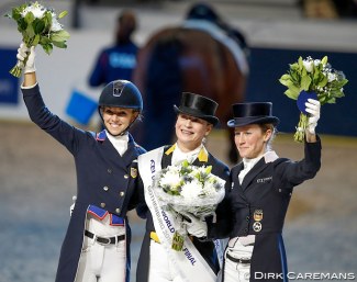 The 2019 World Cup Finals podium: Laura Graves, Isabell Werth, Helen Langehanenberg :: Photo © Dirk Caremans