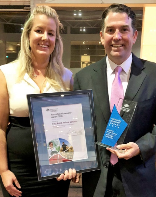  First Point Animal Services Managing Director Chris Burke and Dr Amy Little from the Dept of Agriculture and Water Resources who nominated First Point for the Award