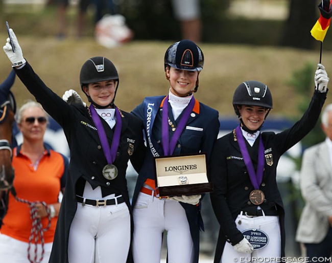 The Individual Test podium with Pistner, Van Peperstraten and Allard at the 2018 European Junior Riders Championships :: Photo © Astrid Appels