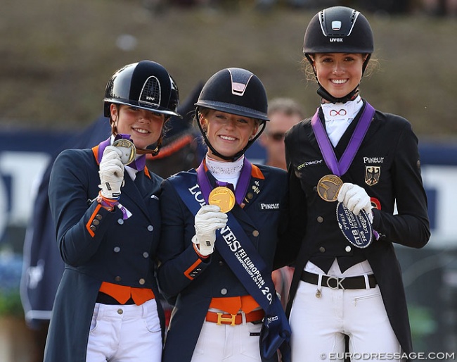 Febe van Zwambagt, Esmee Donkers, Lia Welschof win the Individual test medals at the 2018 European Young Riders Championships :: Photo © Astrid Appels