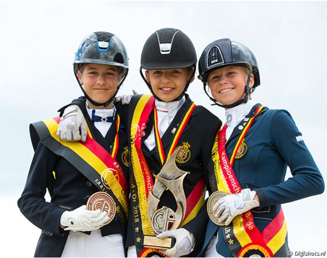 Julie Opsomer, Maite Colling and Lana de Caluwe on the children's podium at the 2018 Belgian Dressage Championships :: Photo © Digishots