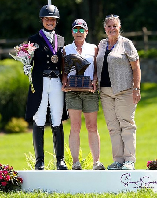 The Dressage Style Award and The Fiona Baan Memorial Trophy recipient Callie Jones with Roberta Williams (center), USDF FEI Junior and Young Rider Committee Chair, and Katherine Robertson, USDF Education Department Manager (right)  :: Photo © Sue Stickle