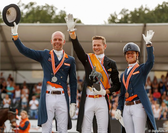 Hans Peter Minderhoud, Edward Gal and Adelinde Cornelissen on the podium at the 2018 Dutch Grand Prix Championships :: Photo © Digishots