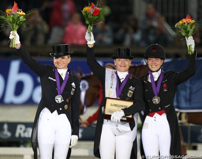 Dorothee Schneider, Isabell Werth and Cathrine Dufour on the Grand Prix Special podium at the 2019 European Dressage Championships