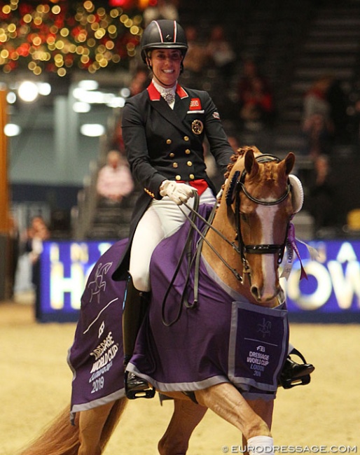 Charlotte Dujardin in her lap of honour on her rising GP horse Gio at the 2019 CDI-W London :: Photo © Astrid Appels