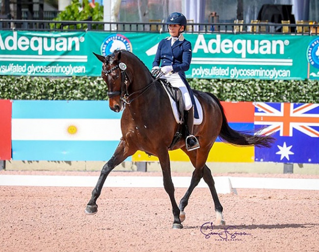 Betsy Steiner (USA) and Swiss W are the final winners down the center line for GDF 2020, claiming the FEI Intermediate I Freestyle CDI3* with over 75% :: Photo ©️ Susan Stickle.