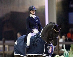 Jorinde Verwimp on Arie Sollenburg in the GP prize giving ceremony at the 2018 CDI Lier :: Photo © Astrid Appels