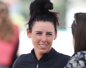 Kasey Perry-Glass at the 2018 CDI 5* Wellington. Perry has been helping out her team mate Laura Graves as an interim groom as well as rooted for her team mates this season :: Photo © Astrid Appels