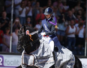 Charlotte Fry and Glamourdale win the 7-year old Finals at the 2018 World Young Horse Championships :: Photo © Astrid Appels