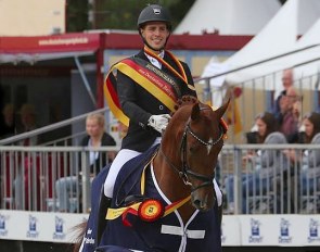 Frederic Wandres and Bitcoin win the 4-year old Riding Horse Mares and Geldings class at the 2018 Bundeschampionate :: Photo © LL-foto