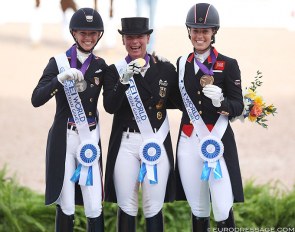 The Grand Prix Special podium at the 2018 World Equestrian Games: Graves, Werth, Dujardin :: Photo © Astrid Appels