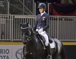 American Olympian, Adrienne Lyle expertly guided Daedalus, owned by Gail Tittley and trained successfully to the small tour level by Canadian Maya Markowski, to ultimately win the inaugural Canadian Dressage Derby at the Royal Horse Show :: Photo © Cealy Tetley