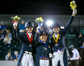 Losos de Muniz, Francis and Jorst on the individual podium at the 2019 CDIO Wellington :: Photo © Sue Stickle
