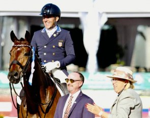 Parra and Sir Beckmann in the winner's circle at the 2019 CDI Wellington
