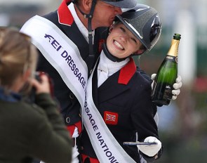 Brits Gareth Hughes and Charlotte Fry celebrate on the podium after winning the Nations Cup leg at the 2019 CDIO Compiegne :: Photo © Astrid Appels