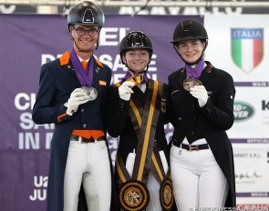 Marten Luiten, Jana Schrödter, Valentina Pistner on the Junior Kur Podium at the 2019 European Youth Riders Championships :: Photo © Astrid Appels