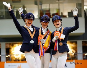 Jill Bogers, Evi van Rooij, and Lilli van den Hoogen at the 2020 Dutch Indoor Pony Championships :: Photo © Digishots