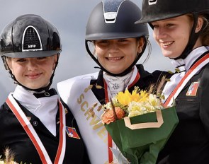 The pony podium with Schmidt, Graf and Bona, at the 2020 Swiss Dressage Championships :: Photo © Reitsportarena.ch