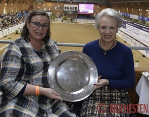 Hanni Toosbuy Kasprzak and HRH Princess Benedikte of Denmark with the Lis Hartel Memorial Trophy at the 2020 CDI-W Vilhelmsborg :: Photo © Ridehesten