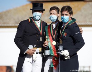 The Grand Prix podium at the 2020 Portuguese Dressage Championships with Daniel Pinto, Joao Torrao and Vasco Mira Godinho :: Photo © Rui Pedro Godinho