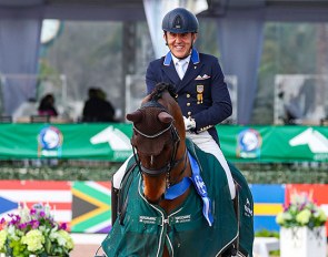 Cesar Parra and Mr Bumblebee scored a hattrick at the 2021 CDI Wellington :: Photo © Sue Stickle