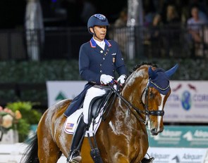 Steffen Peters and Suppenkasper competing under floodlights in the 5* Freestyle at the 2021 CDI Wellington :: Photo © Astrid Appels