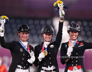 Isabell Werth, Jessica von Bredow-Werndl, Charlotte Dujardin on the individual podium at the 2021 Olympics :: Photo © Astrid Appels