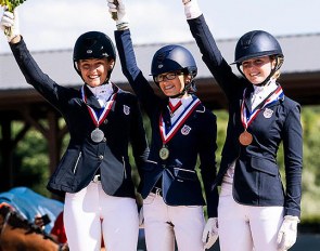Kylie and Lexie Kment and Kat Fuqua on the Individual Test podium at the 2021 North American Junior Riders Championships :: Photo © USEF