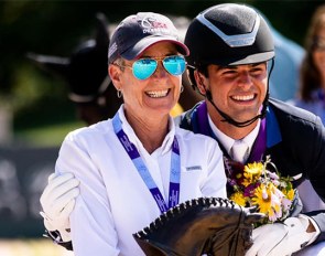 Roberta Williams a,d young rider Christian Simonson with the Fiona Baan trophy at the 2021 North American Youth Championships :: Photo © USEF