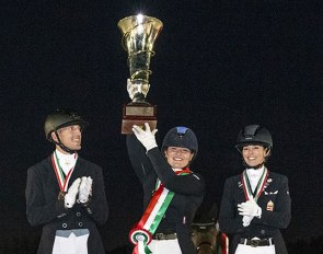 The senior Grand Prix podium with Szokola, Yom Tov and Losonczy at the 2021 Hungarian Dressage Championships :: Photo © Anett Somogyvari